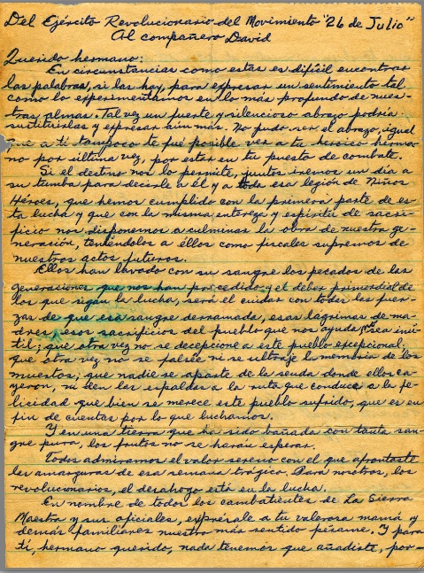 Carta enviada a Frank Pas tras la muerte de su hermano Josu, en Santiago de Cuba.