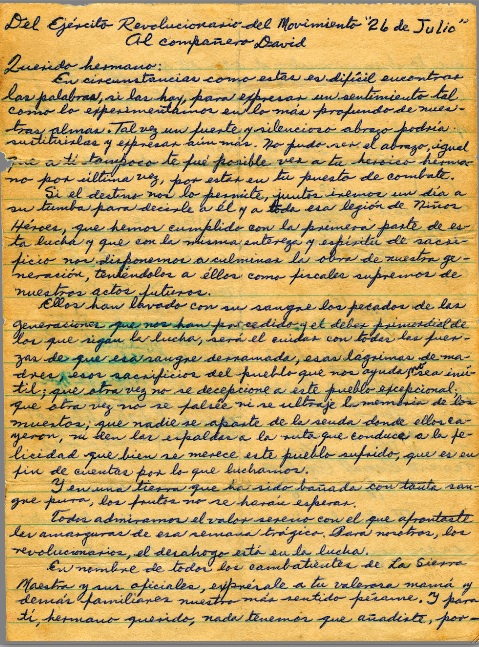 Carta enviada a Frank País tras la muerte de su hermano Josué, en Santiago de Cuba.